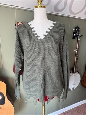 Olive Green Distressed V-Neck  Slouchy Sweater